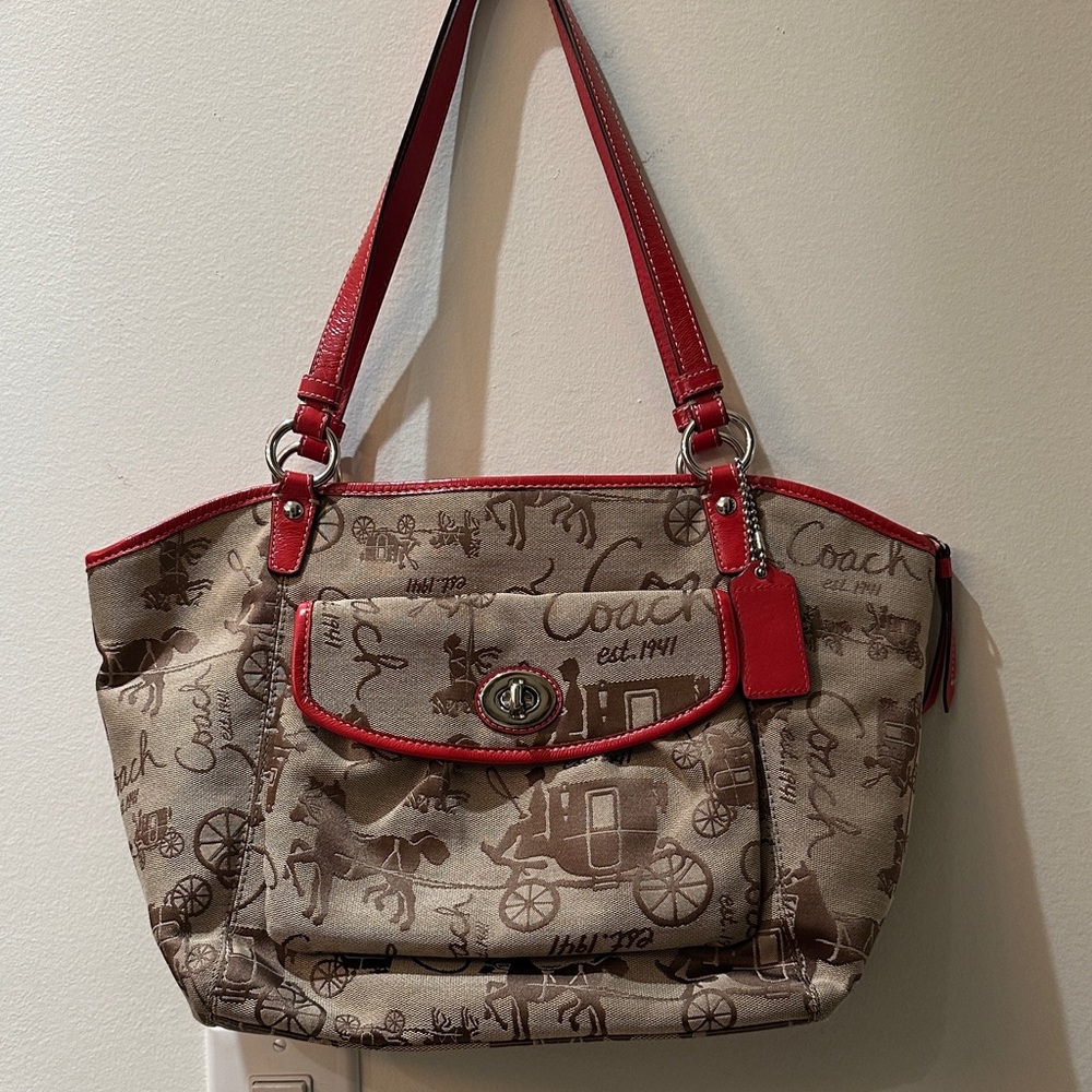 Coach Brown Canvas Leather Trim Carriage Turnlock Zipper Satchel Shoulder Bag